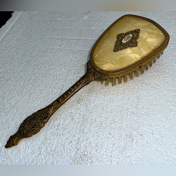 Other - Vintage Victorian Ornate Brass Hair Brush Porcelain Inlay roses